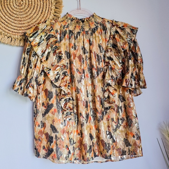 BA&SH New Gilda Silk Metallic Ochre Ruffle Abstract Lady Blouse Top SZ Small - Picture 13 of 16